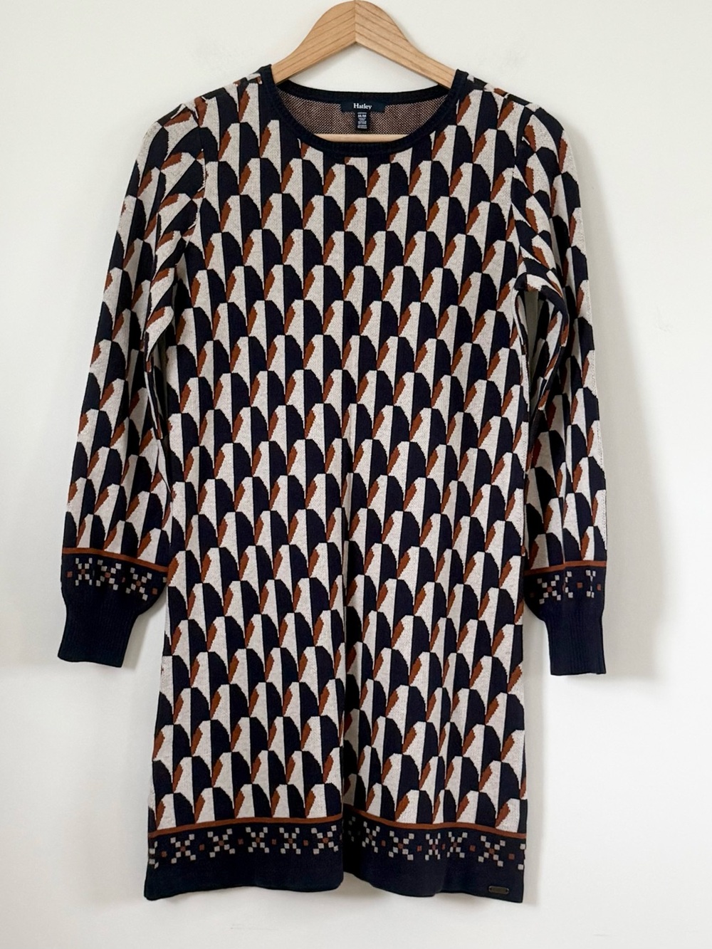 EUC Retro Hatley Abigail Geometric Knit Sweater Dress Navy Brown Mod